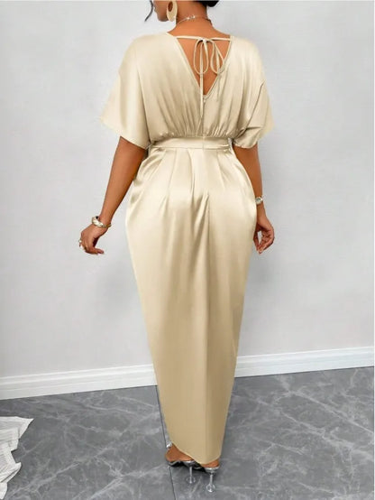 LADIES ELEGANT SOLID SATIN V-NECK  SHORT-SLEEVE WAIST  DRESS
