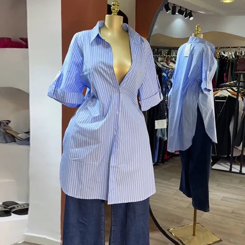 LADIES CASUAL STRIPE SINGLE BREASTED BLOUSE
