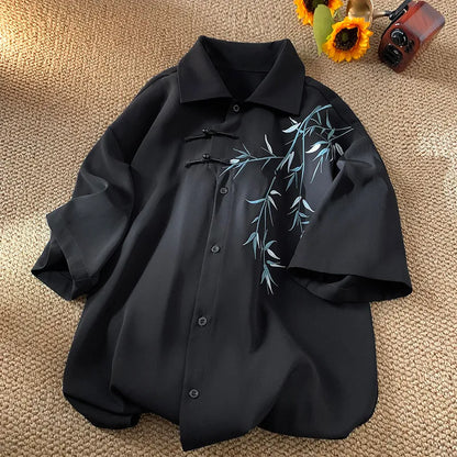 MEN'S BAMBOO EMBROIDERED LAPEL  LOOSE SHIRT