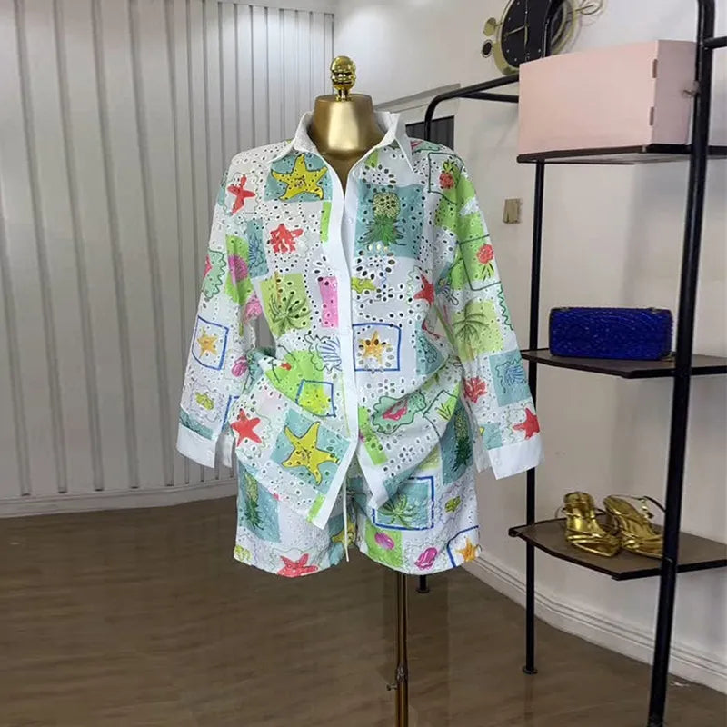 LADIES CASUAL HOLLOW LAPEL SLEEVE BLOUSE  LOOSE 2PCS SET