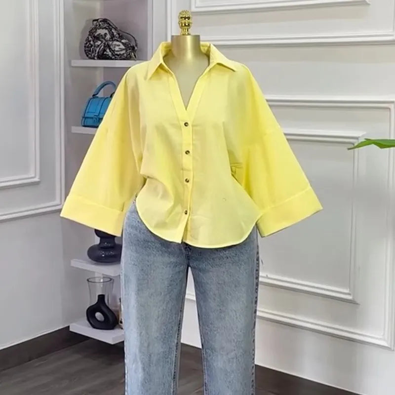LADIES CASUAL SOLID LAPEL LONG-SLEEVE LOOSE BLOUSE