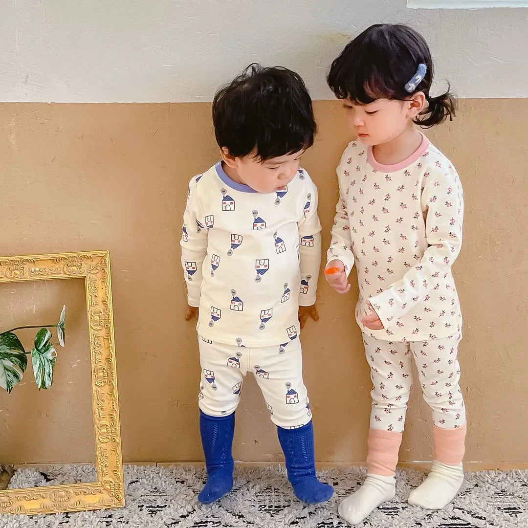KIDS AUTUMN COTTON PRINTED SLIM  FIT PAJAMAS 2PCS SET