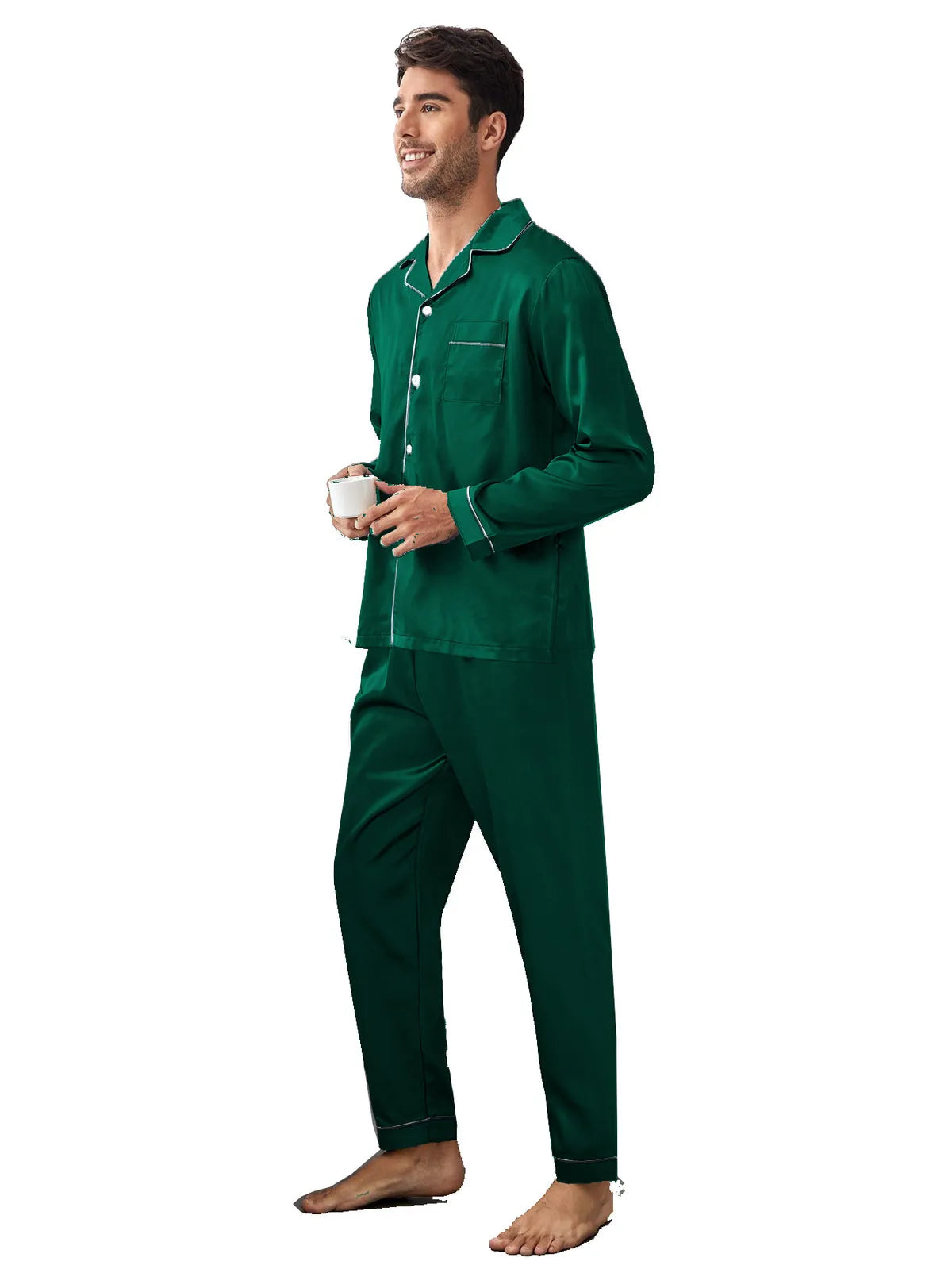 MEN HOME SILK LONG SLEEVE TROUSERS PYJAMAS 2PCS SET