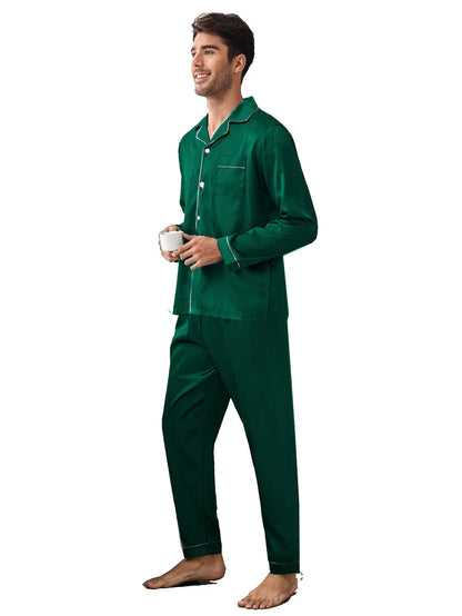 MEN HOME SILK LONG SLEEVE TROUSERS PYJAMAS 2PCS SET