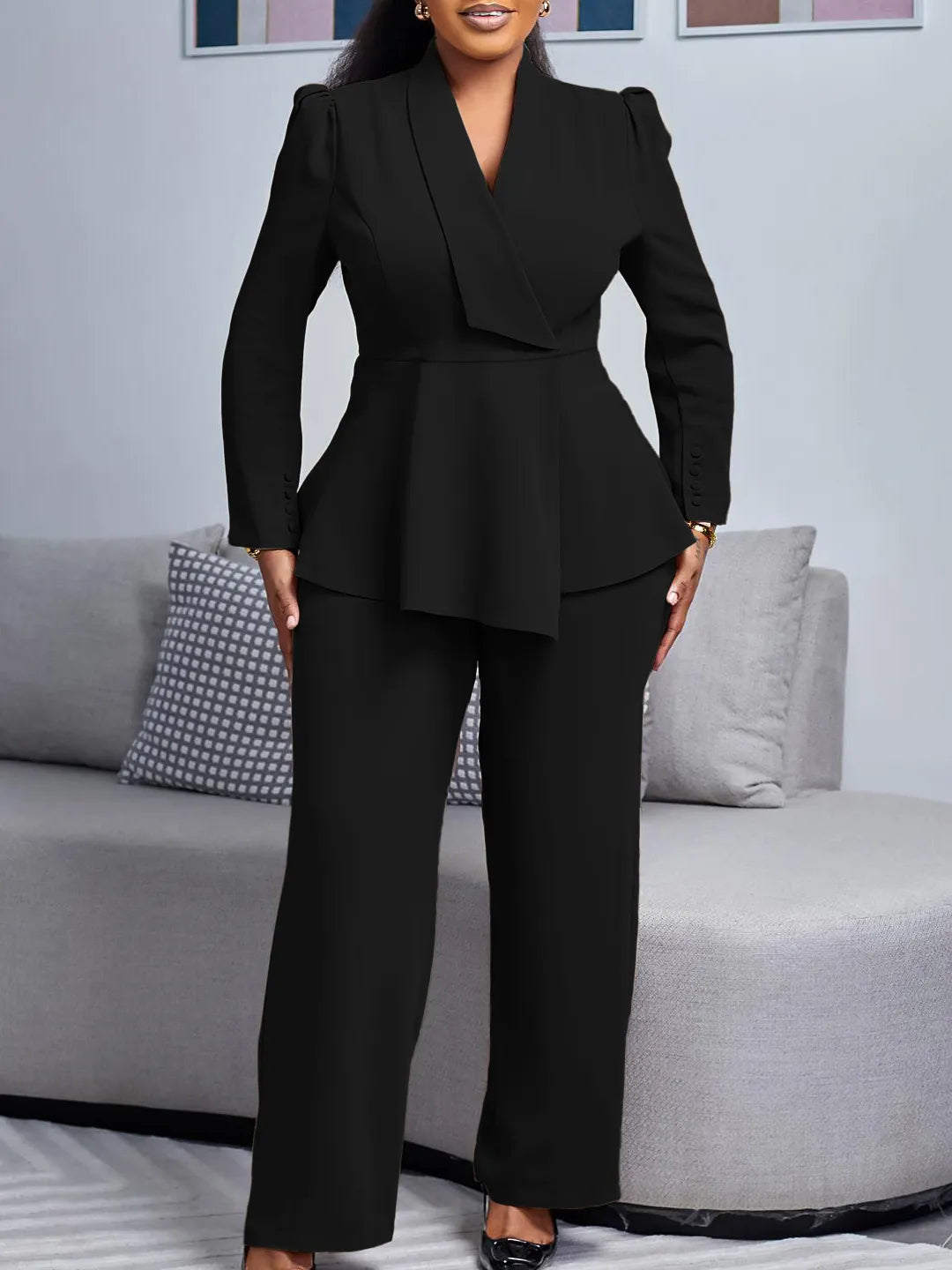 LADIES TEMPERAMENT SOLID BLAZER  2PCS SET