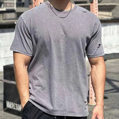 MEN'S CASUAL SOLID SLEEVE ROUND NECK RIPPED T-SHIRT