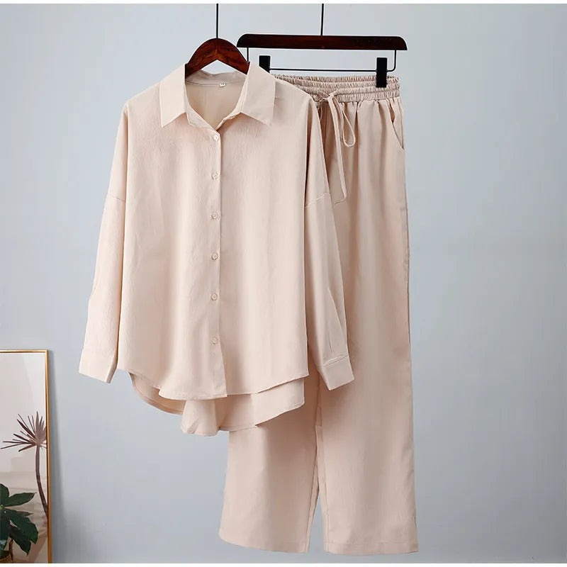 LADIES COTTON LINEN SLEEV BLOUSE LOOSE WIDE 2PCS SET