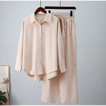 LADIES COTTON LINEN SLEEV BLOUSE LOOSE WIDE 2PCS SET