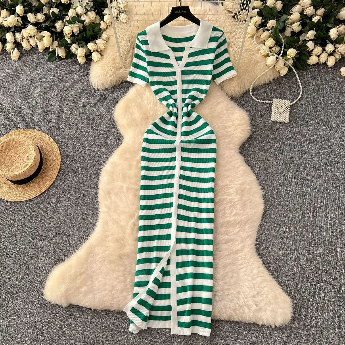 LADIES CONTRAST LAPEL BREASTED KNITTED DRESS