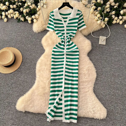 LADIES CONTRAST LAPEL BREASTED KNITTED DRESS