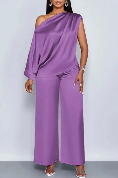 LADIES ELEGANT BAT SLEEVE TOP AND WIDE-LEG PANTS 2PCS SET