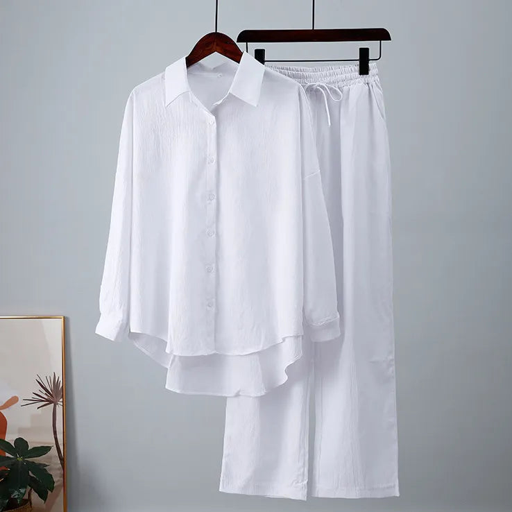LADIES COTTON LINEN SLEEV BLOUSE LOOSE WIDE 2PCS SET