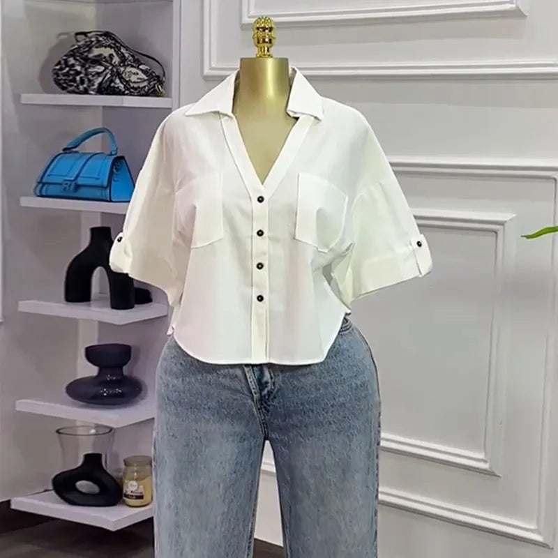 LADIES CASUAL SOLID LAPEL SHORT-SLEEVE BLOUSE