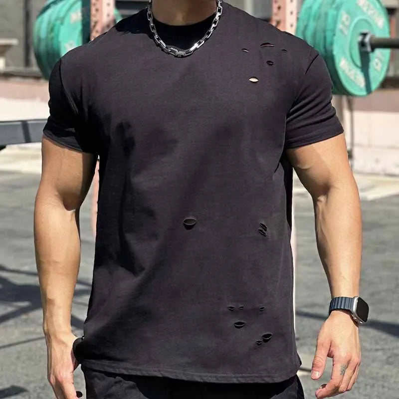MEN'S SOLID ROUND NECK RIPPED T-SHIRT