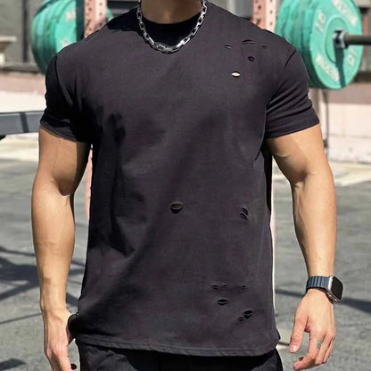MEN'S SOLID ROUND NECK RIPPED T-SHIRT