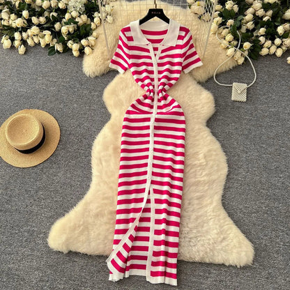 LADIES CONTRAST LAPEL BREASTED KNITTED DRESS