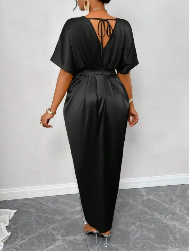 LADIES ELEGANT SOLID SATIN V-NECK  SHORT-SLEEVE WAIST  DRESS