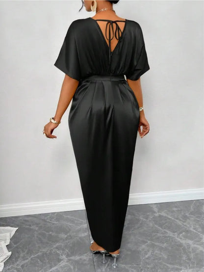 LADIES ELEGANT SOLID SATIN V-NECK  SHORT-SLEEVE WAIST  DRESS