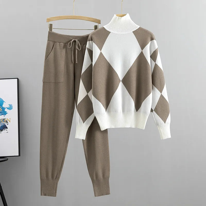 LADIES PLAID-HIGH NECK LONG-SLEEVE SWEATER  JOGGER KNITTED 2PCS SET