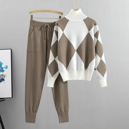 LADIES PLAID-HIGH NECK LONG-SLEEVE SWEATER  JOGGER KNITTED 2PCS SET