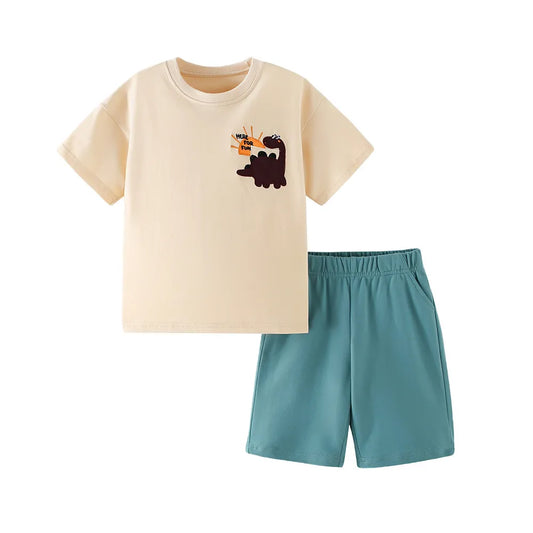 BOY'S SUMMER DINOSAUR EMBROIDERED T-SHIRT 2PCS SET
