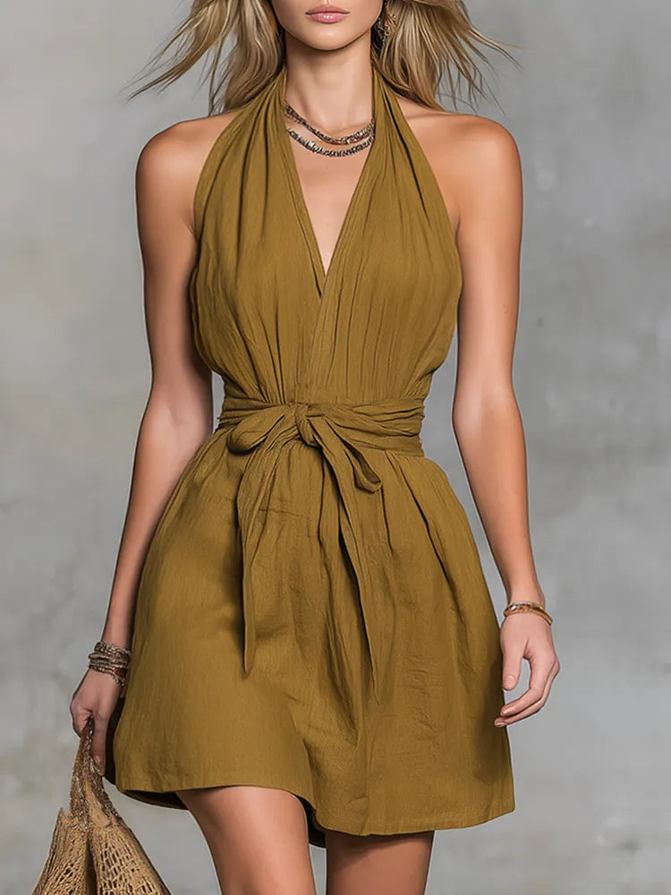 LADIES SUMMER FASHION SOLID V-NECK MINI DRESS