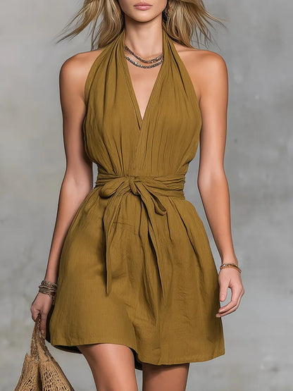 LADIES SUMMER FASHION SOLID V-NECK MINI DRESS