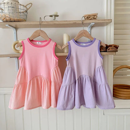 GIRL'S CASUAL SUMMER STITCHING SLEEVELESS  LOOSE DRESS