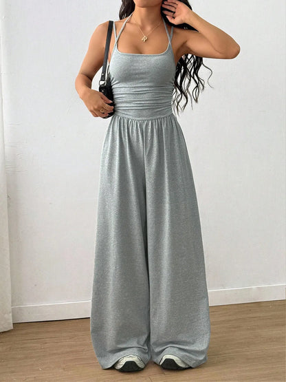 LADIES SEXY SUMMER SOLID SPAGHETTI STRAP WIDE-LEG JUMPSUITS