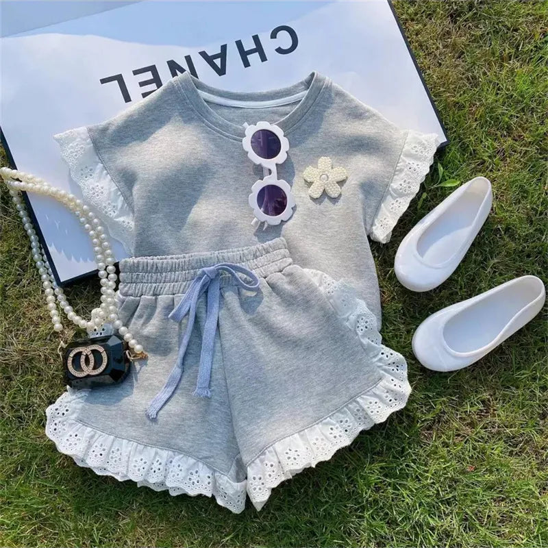 GIRL'S CASUAL CUTE SLEEVE ROUND NECK  TOP 2PCS SET