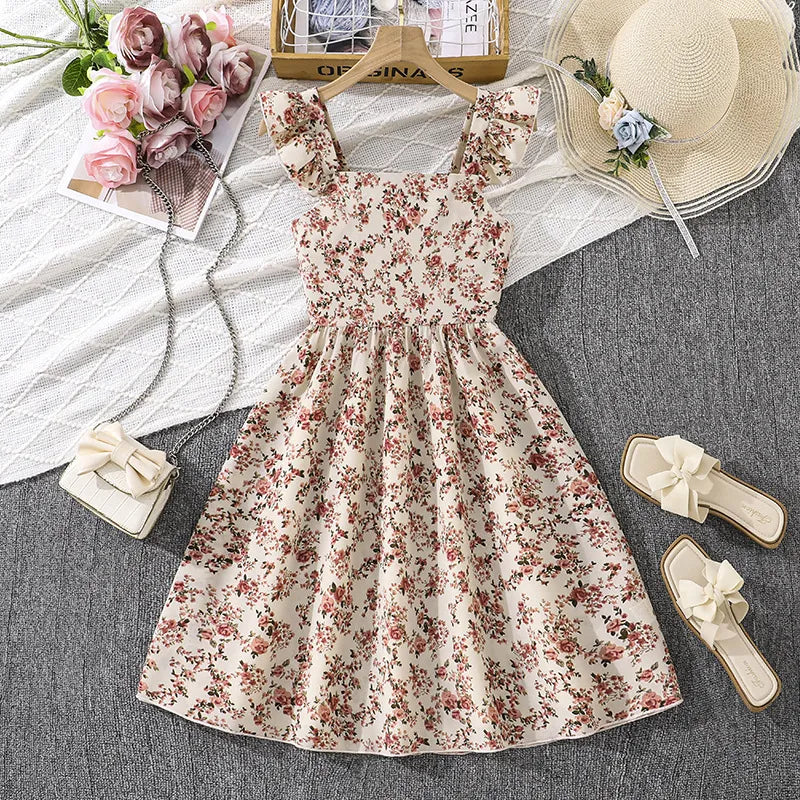 GIRL'S ELEGANT FLOWER RUFFLED SLEEVELESS SWING DRESS