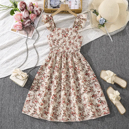 GIRL'S ELEGANT FLOWER RUFFLED SLEEVELESS SWING DRESS