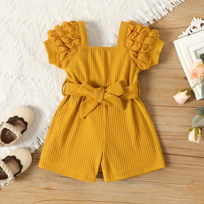 GIRL'S ELEGANT SOLID SQUARE NECK PUFF  SLEEVE ROMPERS