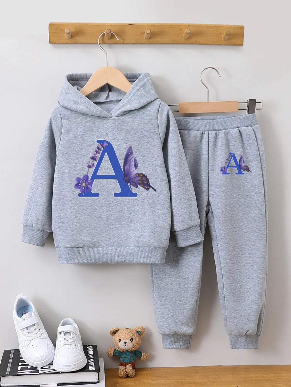 GIRL'S LETTER FLEECE-LINED WARM HOODIE  PANTS 2PCS SET