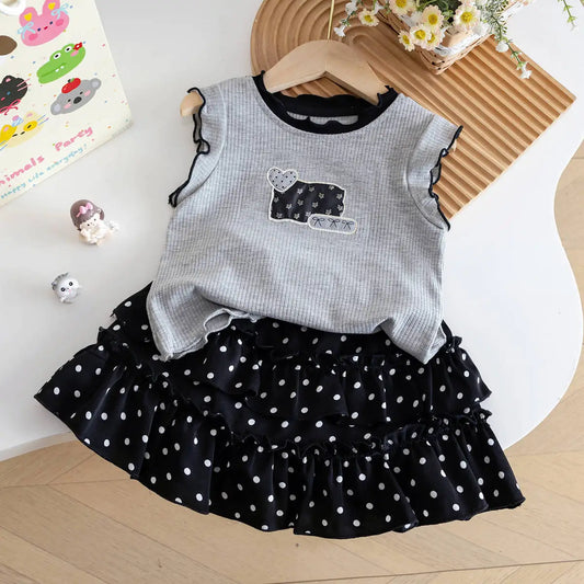GIRL'S  CUTE SLEEVELESS TANK TOP WAVE POINT  SKIRT 2PCS SET