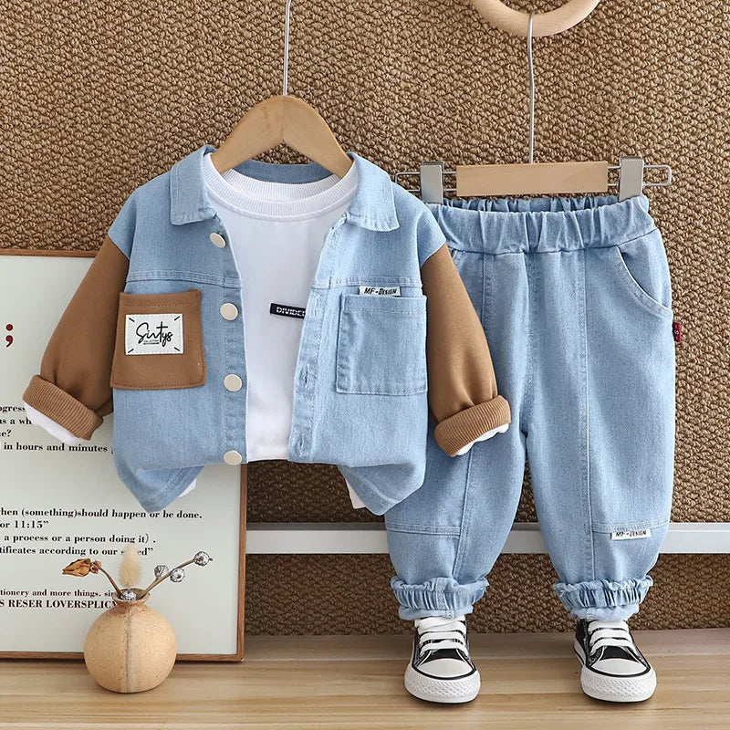 BOY'S LAPEL LONG-SLEEVE DENIM JACKET JEANS  3PCS SET