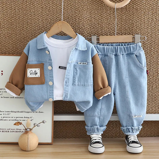 BOY'S LAPEL LONG-SLEEVE DENIM JACKET JEANS  3PCS SET