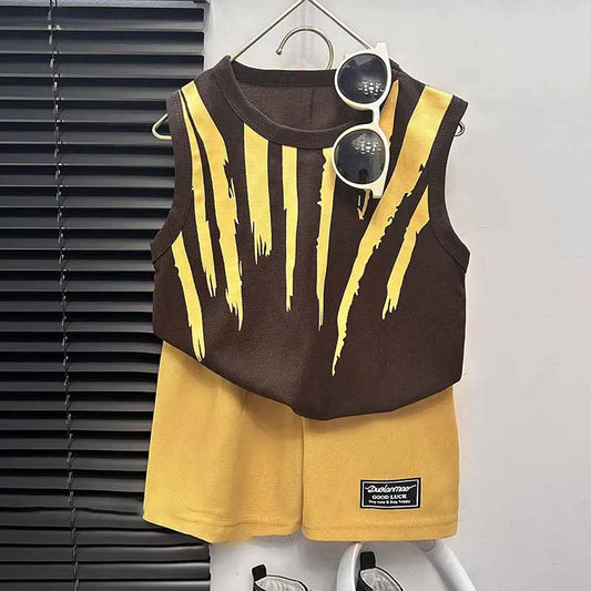 BOY'S TODDLER SUMMER  STRIPE  SLEEVELESS TANK TOP 2PCS SET