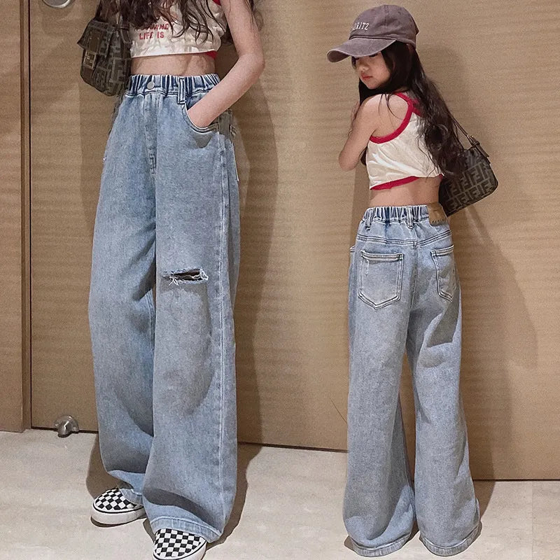 GIRL'S TODDLER SHREDDED WIDE-LEG PANTS HIGH WAIST JEANS