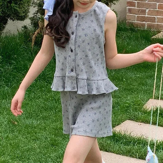 GIRL'S SUMMER FLOWER SLEEVELESS VEST LOOSE  2PCS SET