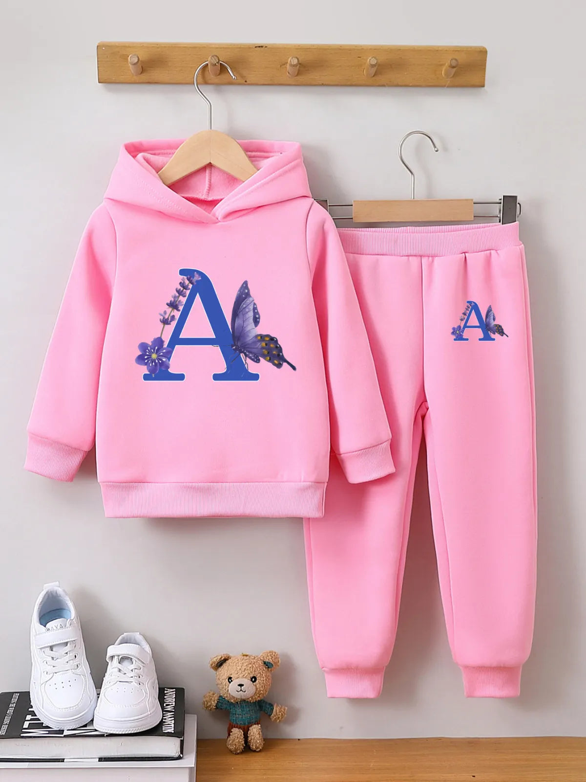 GIRL'S LETTER FLEECE-LINED WARM HOODIE  PANTS 2PCS SET