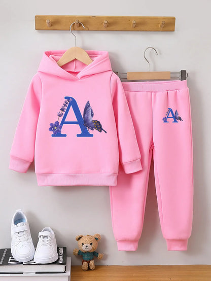 GIRL'S LETTER FLEECE-LINED WARM HOODIE  PANTS 2PCS SET