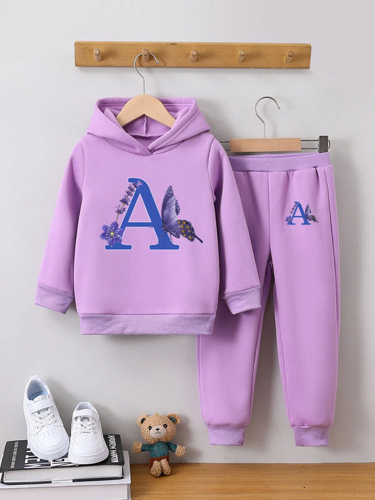 GIRL'S LETTER FLEECE-LINED WARM HOODIE  PANTS 2PCS SET