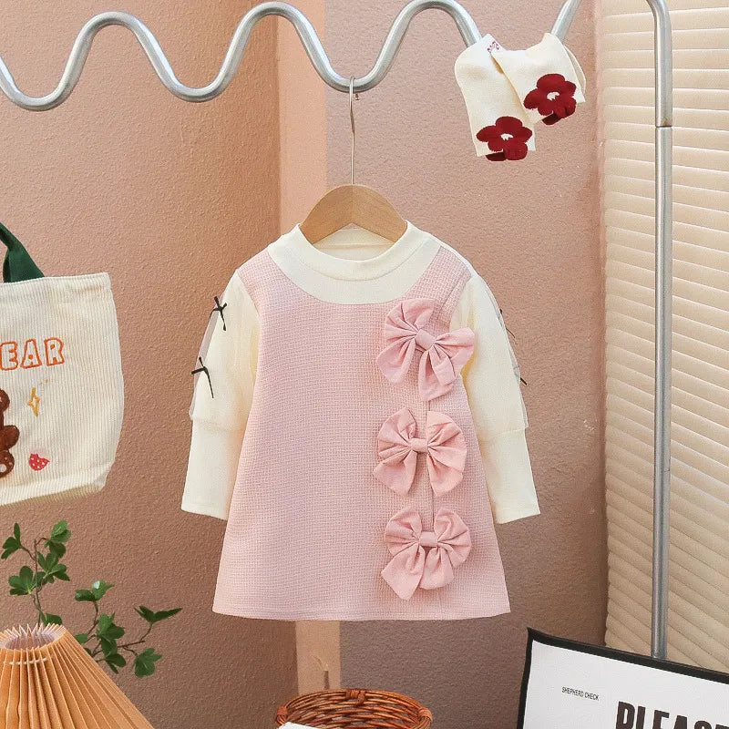 GIRL'S ELEGANT SPLICING LONG-SLEEVE BOWKNOT DRESS