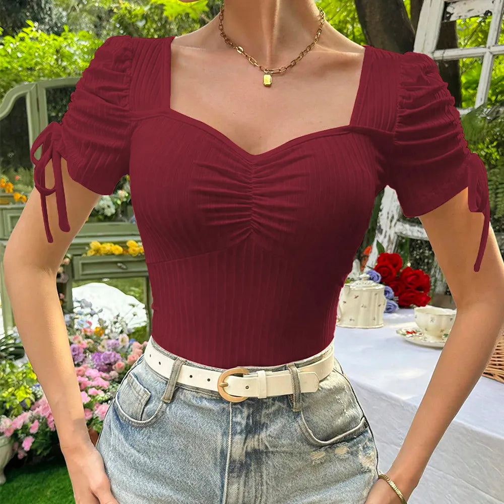 LADIES SUMMER SQUARE COLLAR SLEEVE SLIM BLOUSE