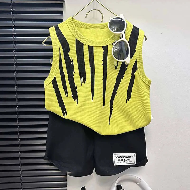 BOY'S TODDLER SUMMER  STRIPE  SLEEVELESS TANK TOP 2PCS SET