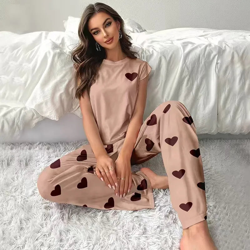 LADIES  CAUAL PRINTED LOVE LOOSE PANTS PYJAMAS 2PCS SET