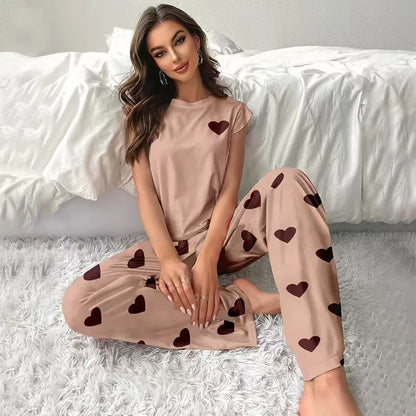 LADIES  CAUAL PRINTED LOVE LOOSE PANTS PYJAMAS 2PCS SET