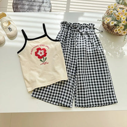 GIRL'S CASUAL COTTON FLORAL CAMISOLE WIDE-LEG PANTS 2PCS SET
