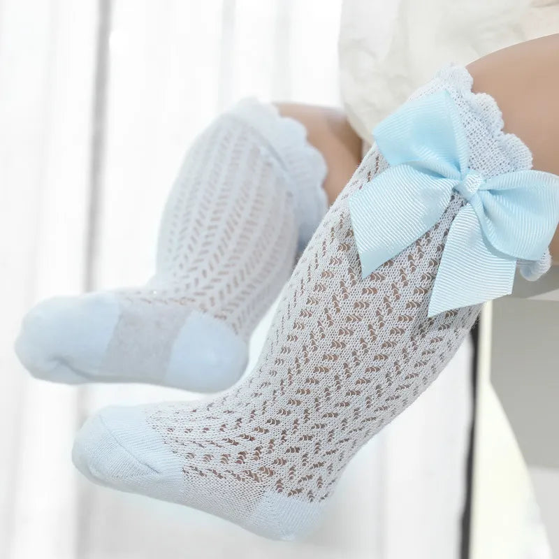 GIRL'S CUTE BOW SOLID MESH MID-CALF SOCKS